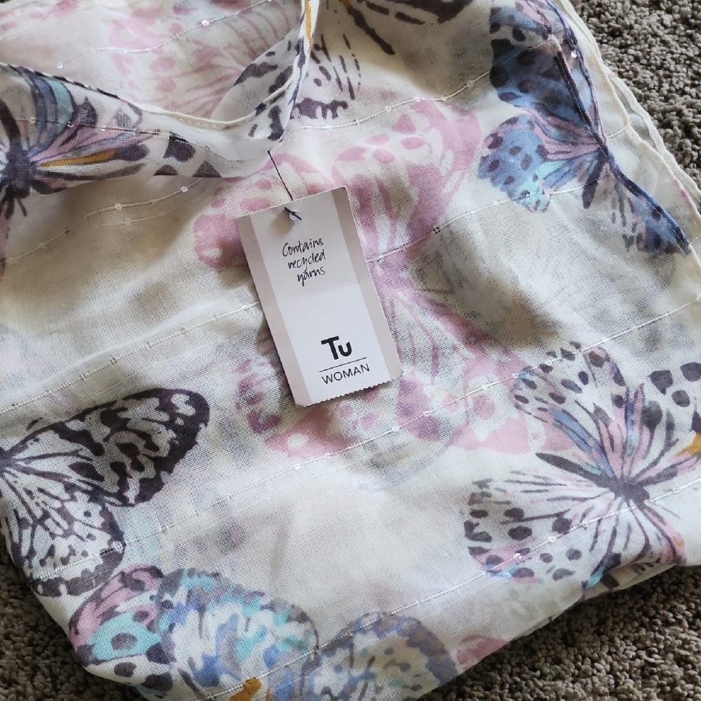 Women's Butterfly Print Scarf - Cream and Purple